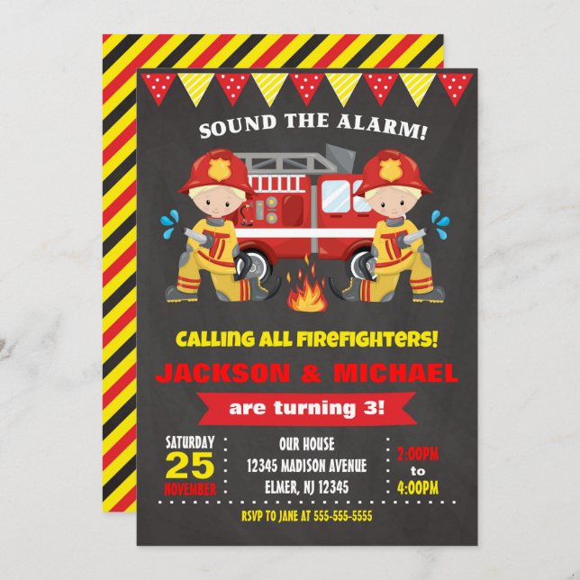 Firefighter Birthday Invitation Joint Chalkboard (Front/Back)
