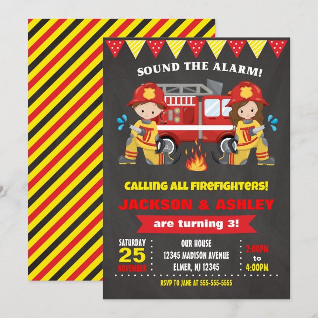 Firefighter Birthday Invitation Joint Girl Boy (Front/Back)