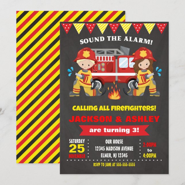 Firefighter Birthday Invitation Joint Girl Boy (Front/Back)