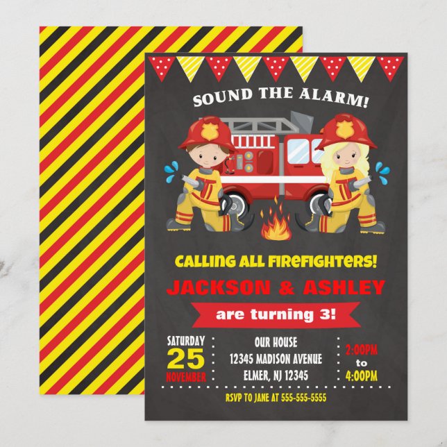 Firefighter Birthday Invitation Joint Girl Boy (Front/Back)