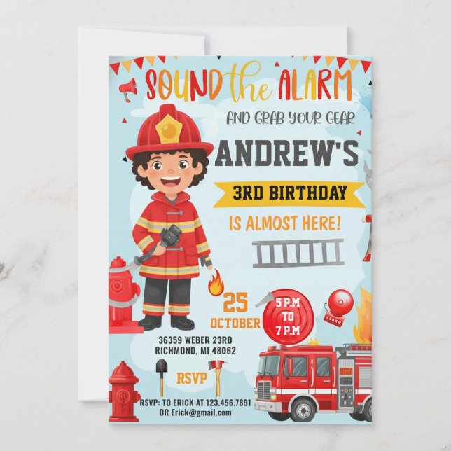 Firefighter Birthday invitation with photo (Front)