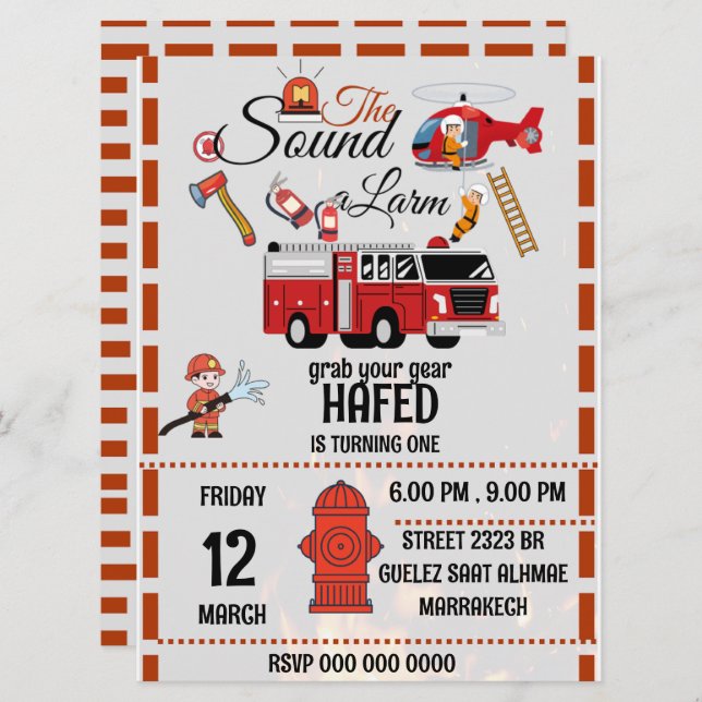 firefighter birthday party invitation template  (Front/Back)
