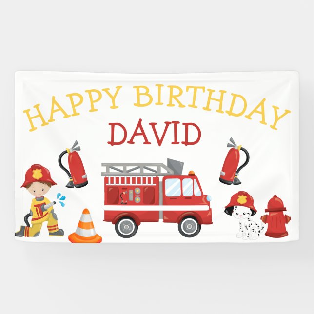 Firefighter Boy Birthday Party Fire Truck Banner (Horizontal)