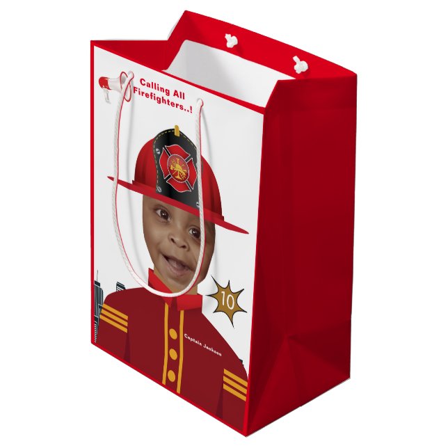 Firefighter Boys Face in Hole Photo Birthday Medium Gift Bag (Back Angled)