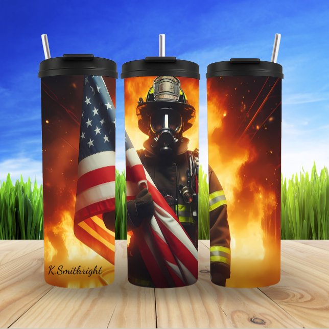 Firefighter Bravery Patriotic Flag Design Thermal Tumbler (Creator Uploaded)