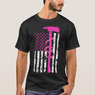 Firefighter Breast Cancer Awareness USA Flag Pink  T-Shirt