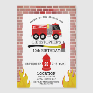Firefighter Brick Flames Axe Hydrant Birthday Magnetic Invitation