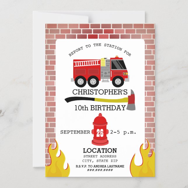 Firefighter Brick Flames Axe Hydrant Birthday Magnetic Invitation (Front)