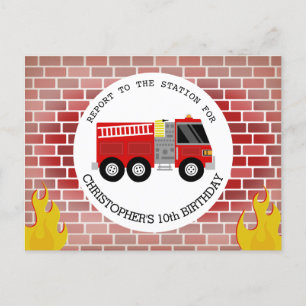 Firefighter Bricks Firetruck Flames Birthday Invitation Postcard