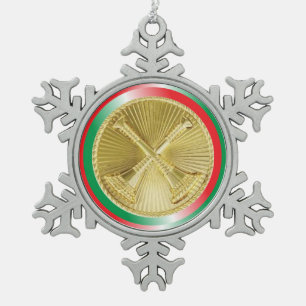 Firefighter Captain’s Gold Bugle Snowflake Pewter Christmas Ornament