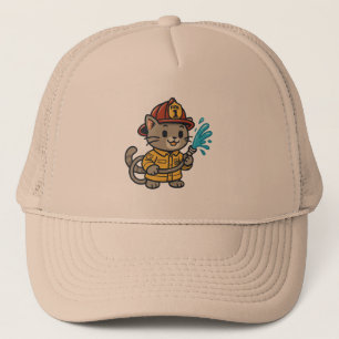 Firefighter Cat Cartoon – Cute Hero Kitty with Hos Trucker Hat