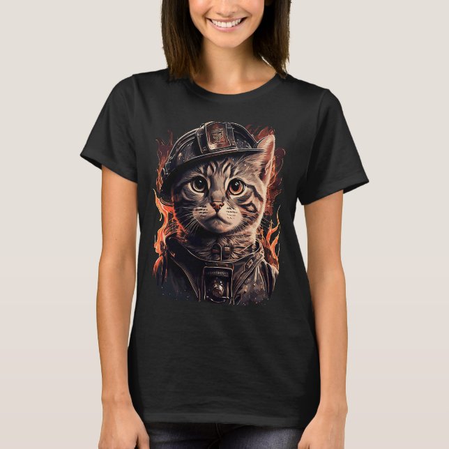 Firefighter Cat Kitten Fireman Helmet Firefighter  T-Shirt (Front)