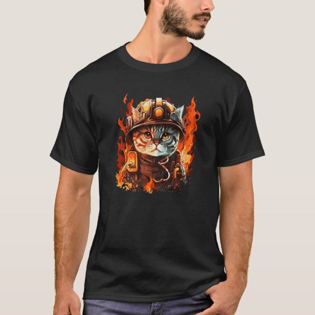 Firefighter Cat Kitten Fireman Helmet Firefighter  T-Shirt (Front)