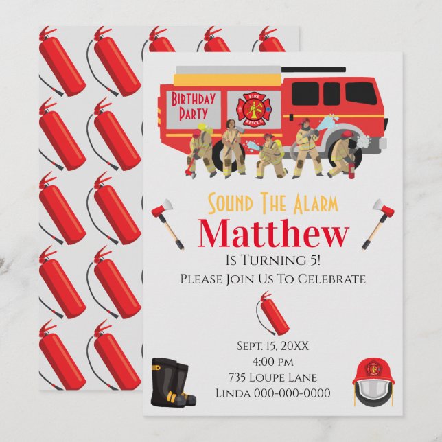 Firefighter Child Birthday Party Theme Design Invitation (Front/Back)