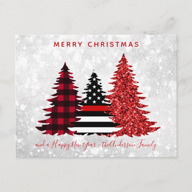 Firefighter Christmas Red Line Plaid Glitter Tree Holiday Postcard (Front)