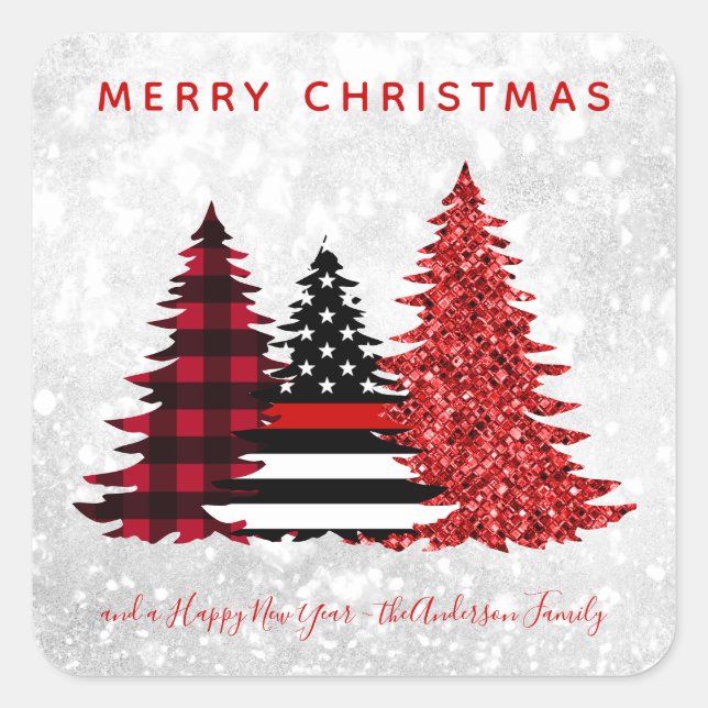 Firefighter Christmas Red Line Plaid Glitter Tree Square Sticker (Front)