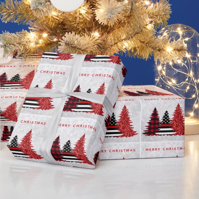 Firefighter Christmas Red Line Plaid Glitter Tree  Wrapping Paper (Holidays)