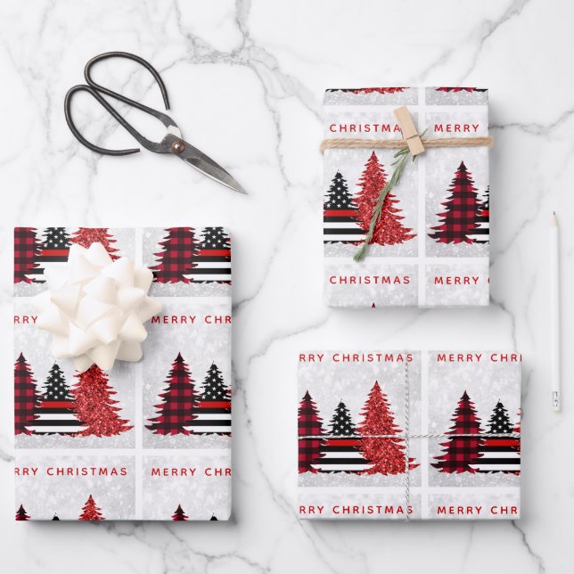 Firefighter Christmas Red Line Plaid Glitter Tree Wrapping Paper Sheet (Front)