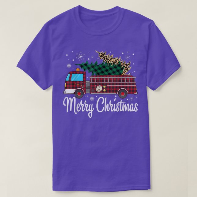 Firefighter Christmas Tree Fire Truck Buffalo Plai T-Shirt (Design Front)