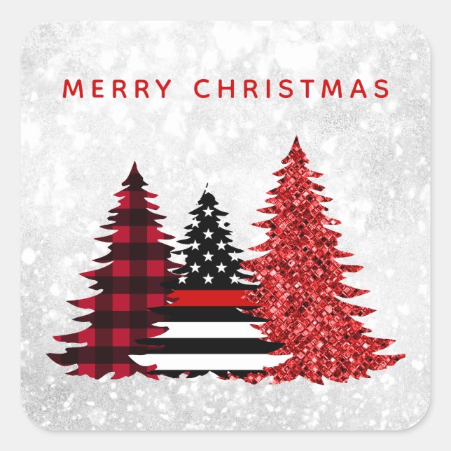 Firefighter Christmas Tree Red Line Plaid Glitter  Square Sticker (Front)