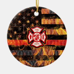 Firefighter Cross and Flames Ceramic Tree Decoration