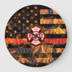 Firefighter Cross and Flames Large Clock