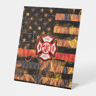 Firefighter Cross and Flames Pedestal Sign