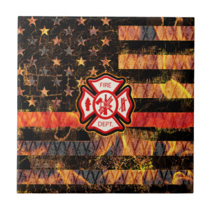 Firefighter Cross and Flames Tile