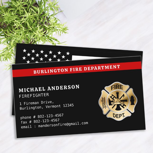 Firefighter Custom Fire Department Red Line Logo Business Card (Creator Uploaded)