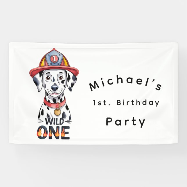 Firefighter Dalmatian Wild One 1st Birthday Party Banner (Horizontal)