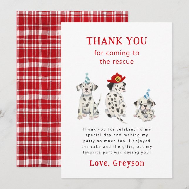 Firefighter Dalmatians Boy Birthday Party   Thank You Card (Front/Back)