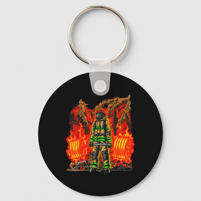 Firefighter Deadlifting Workout Bodybuilding Fitne Key Ring (Front)