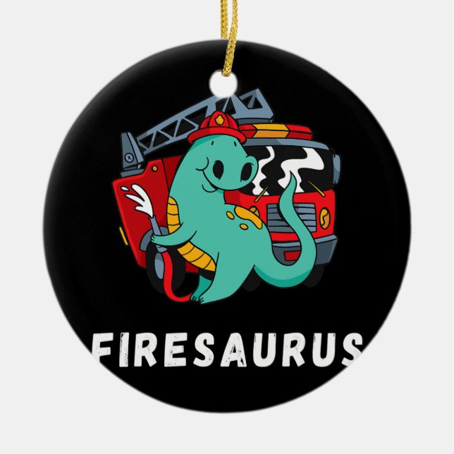 Firefighter Dinosaur Cute Fireman Truck Dino T Ceramic Tree Decoration (Front)