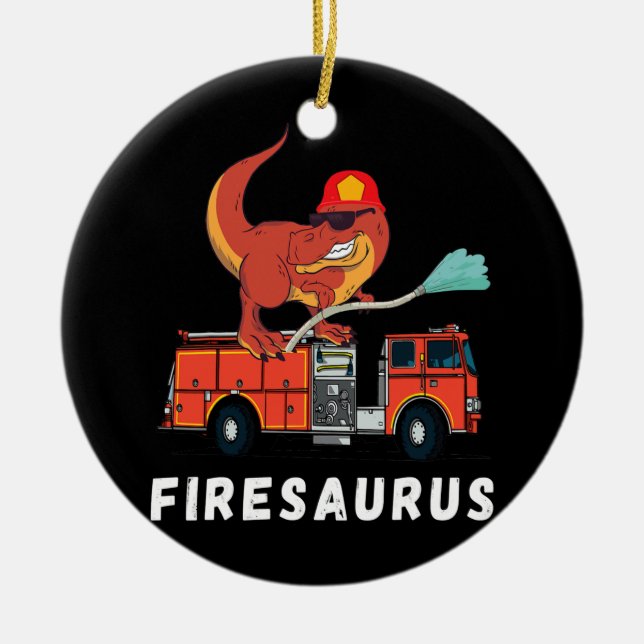Firefighter Dinosaur Funny Fireman Truck T Rex Ceramic Tree Decoration (Front)