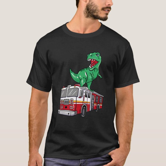 Firefighter Dinosaur  On Firetruck Dino T-Shirt (Front)
