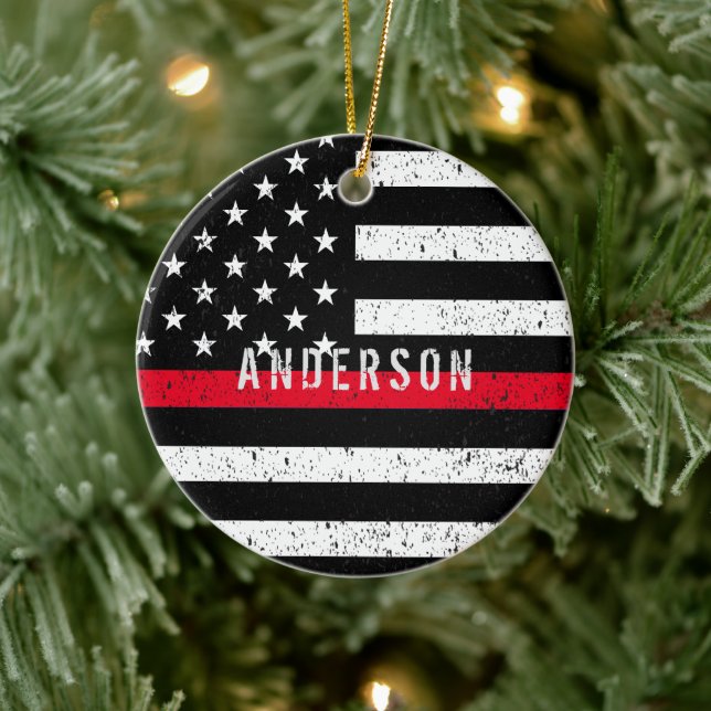 Firefighter distressed Thin Red Line with name Ceramic Tree Decoration (Tree)