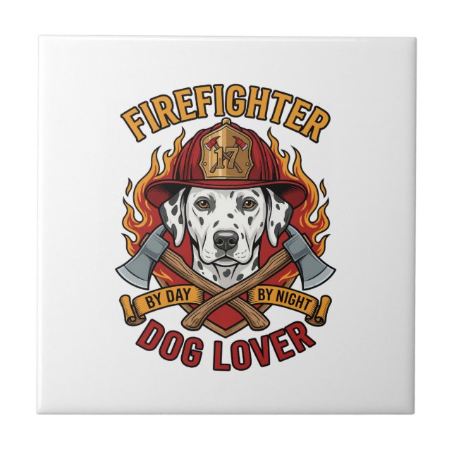 Firefighter Dog Lover Dalmatian Fire Helmet Axes F Tile (Front)