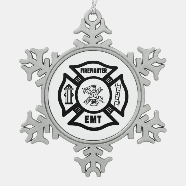 Firefighter EMT Snowflake Pewter Christmas Ornament (Front)