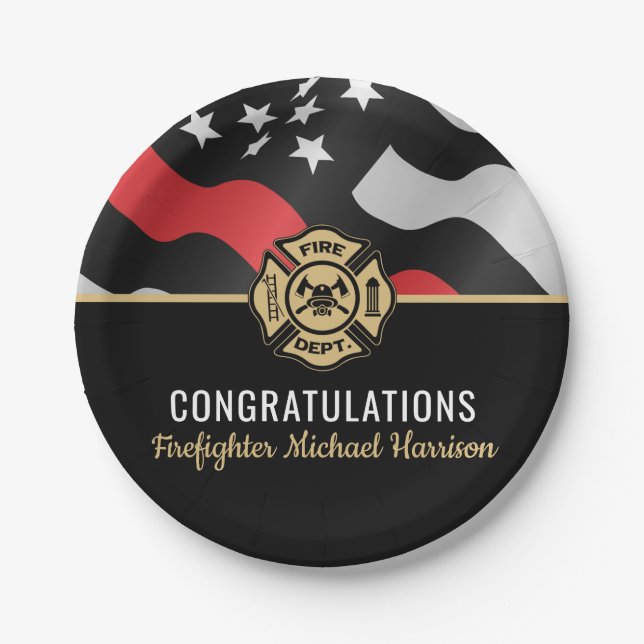 Firefighter Fire Academy Graduation Red Line Flag Paper Plate (Front)