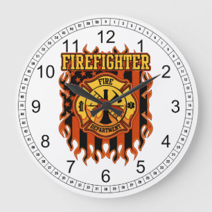 Firefighter Fire Department Badge and Flag Large Clock