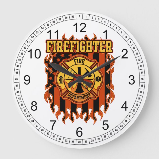 Firefighter Fire Department Badge and Flag Large Clock (Front)