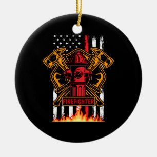 Firefighter Fire Department Fire Badge and Flag Ceramic Tree Decoration
