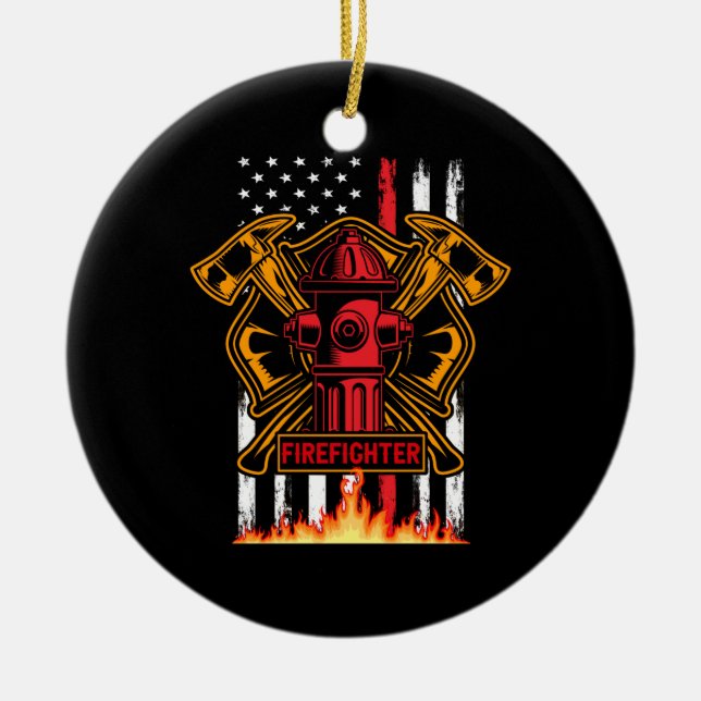 Firefighter Fire Department Fire Badge and Flag Ceramic Tree Decoration (Front)