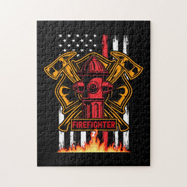Firefighter Fire Department Fire Badge and Flag Jigsaw Puzzle (Vertical)