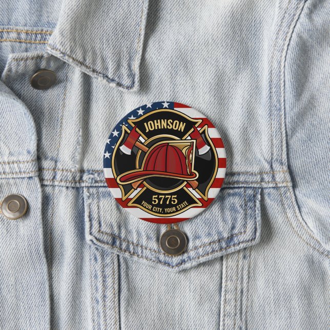 Firefighter Fire Rescue Department USA Flag Custom 7.5 Cm Round Badge (In Situ)