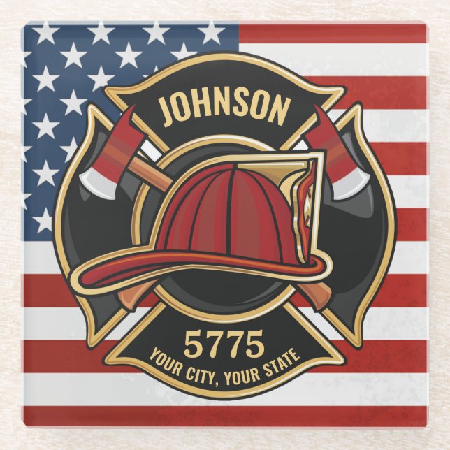 Firefighter Fire Rescue Department USA Flag Custom Glass Coaster (Front)