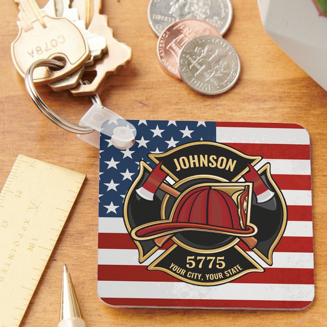 Firefighter Fire Rescue Department USA Flag Custom Key Ring (Creator Uploaded)