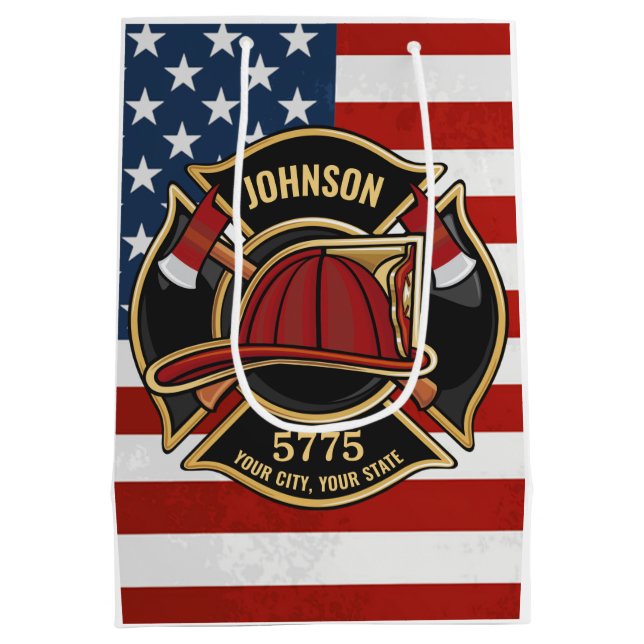 Firefighter Fire Rescue Department USA Flag Custom Medium Gift Bag (Back)