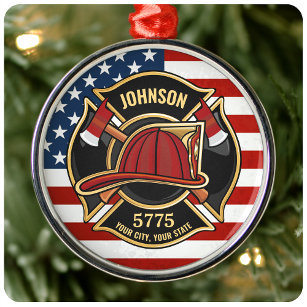 Firefighter Fire Rescue Department USA Flag Custom Metal Tree Decoration