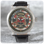 Firefighter Fire Rescue Department USA Flag Custom Watch<br><div class="desc">Firefighter NAME Fireman Fire Department USA Flag design - Emblem with Red Helmet and Axe. Customise with your Name,  Station/Dept Number and location.</div>